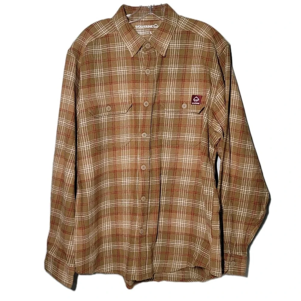 Wolverine Mens Large Button Down Shirt  Brown Plaid Long Sleeve Cotton‎ Flannel